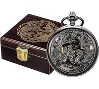 oyeaho Mechanical Pocket Watches for Men, Lucky Dragon and Phoenix, Skeleton Pocket Watch with Chain, 1.2. Dragon and phoenix Wooden box Black
