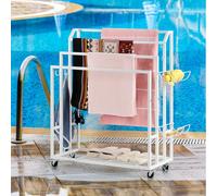 OYEAL Freestanding Towel Rack with Wheels White Blanket Ladder Holder with Shelf & 6 Hooks, Pool Towel Rack Outdoor with Wheels, White