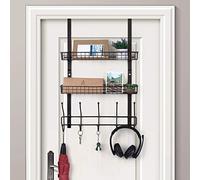 OYEAL Over The Door Hook Rack with 5 Hooks 2 Baskets Steel, Sturdy Durable Coat Rack Towel Hooks Hanging Organizer Shelves for Home Bedroom Bathroom Kitchen, Brown