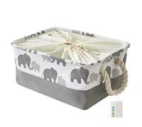 OYHOMO Grey Elephant Rectangle Storage Basket, Thickened Cotton Canvas Fabric, Foldable, Drawstring, Sturdy Handles, Organize Toys, Towels, Shelf - Small