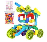 Oyiclyea 100 Pieces Plastic Water Pipe Building Blocks, Tube Building Toy, Water Tube Construction Buildings Blocks, with Wheels and Drawings, Educational Learning Toys for Kids Age 3+