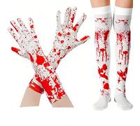 Oyiclyea 2 Pairs Halloween Bloodstained Socks Gloves White Polyester, Bloody Gloves Socks, Halloween Bloody Costume, Scared Party Supplies, Creepy Party Prank Props Cosplay Costume, One Size