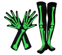 Oyiclyea 2 Pairs Skeleton Gloves Socks Halloween Polyester Black, Luminous Skeleton Glove, Bones Skeletons Print Stockings, Amazing Halloween Accessor for Adult Costume Cosplay, One Size