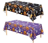 Oyiclyea 2 Pieces Halloween Rectangle Scary Pumpkin Tablecloth Plastic Black, Halloween Party Tablecloth, Table Cloth Scary Pumpkin, for Holiday Dinner Table Decorations, Purple and Black