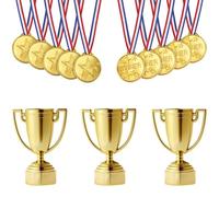 Oyiclyea 24 Pieces Award Trophies Medals Set, 12pcs Tiny Plastic Gold Trophy Cups and 12pcs Winner Gold Medals with Neck Ribbons for Kids Sports Prizes and Party Favors Props