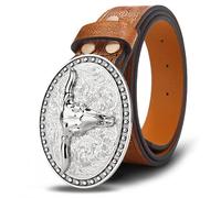 Oyifan Western Cowboy Cowgirl Leather Belt, Men's Longhorn Bull Floral Engraving, Women Brown Large Buckle Western Belt (Silver+Brown, S Fit Waist 25-29inch)