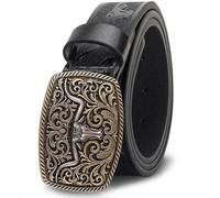 Oyifan Western Cowboy Cowgirl Leather Belt, Men's Longhorn Bull Floral Engraving, Women Brown Large Buckle Western Belt (Bronze, S Fit Waist 25-29inch)