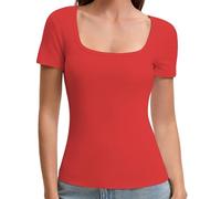 OYIGELZ T-Shirt Women's Basic Short Sleeve Y2K Slim Fit Tops Classic Cut Crop Tops Plain Shirt Tank Top Summer Casual Tee Shirts, Red-f1, S
