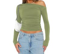 OYIGELZ Womens Long Sleeve Off the Shoulder Tops Going Out Cute Basic Y2K Fall Fashion Outfits Clothes (ArmyGreen, XS)