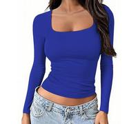 OYIGELZ Womens Long Sleeve Shirts Crop Tops Square Neck Basic Cotton Tees Fall Fashion 2026 Y2k Going Out Tops(Royal Blue-U1,XXL)