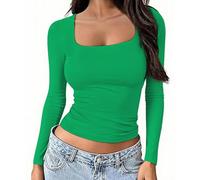 OYIGELZ Womens Long Sleeve Shirts Crop Tops Square Neck Basic Cotton Tees Fall Fashion 2026 Y2k Going Out Tops(Green-U1,XS)
