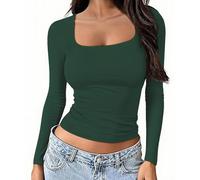 OYIGELZ Womens Long Sleeve Shirts Crop Tops Square Neck Basic Cotton Tees Fall Fashion 2026 Y2k Going Out Tops(Dark Green-U1,XXL)
