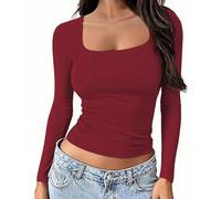 OYIGELZ Womens Long Sleeve Shirts Crop Tops Square Neck Basic Cotton Tees Fall Fashion 2026 Y2k Going Out Tops(Weinrot-U1,XL)