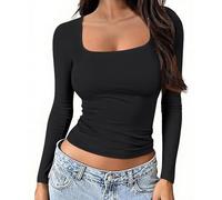 OYIGELZ Womens Long Sleeve Shirts Crop Tops Square Neck Basic Cotton Tees Fall Fashion 2026 Y2k Going Out Tops(Black-U1,XS)