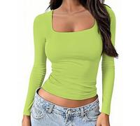 OYIGELZ Womens Long Sleeve Shirts Crop Tops Square Neck Basic Cotton Tees Fall Fashion 2026 Y2k Going Out Tops(Limegreen-U1,M)