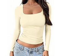OYIGELZ Womens Long Sleeve Shirts Crop Tops Square Neck Going Out Basics Tees Y2k Clothes Apricot-U1 M