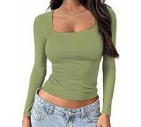 OYIGELZ Womens Long Sleeve Shirts Crop Tops Square Neck Going Out Basics Tees Y2k Clothes Army Green XS
