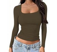 OYIGELZ Womens Long Sleeve Shirts Crop Tops Square Neck Going Out Basics Tees Y2k Clothes Brown-U1 L