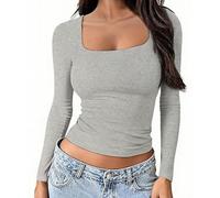 OYIGELZ Womens Long Sleeve Shirts Crop Tops Square Neck Going Out Basics Tees Y2k Clothes Light Grey-U1 M