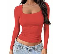 OYIGELZ Womens Long Sleeve Shirts Crop Tops Square Neck Going Out Basics Tees Y2k Clothes Red-U1 M