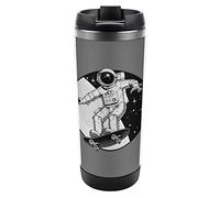 Oyihfvs Astronaut Rides on Skateboard Through The Space Black White Retro Stainless Steel Water Bottle, Leak-Proof Hot Cold Insulated Travel Mug, Double Walled with Handle Thermo Cup Bottle 13 Oz