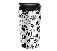 Oyihfvs Black Pet Paws Print and Bones Seamless on White Plastic Water Bottle Tumblers, Leak-Proof Hot Cold Insulated Travel Mug, Double Walled Coffee Cup with Lid Funny Gifts 12.3oz