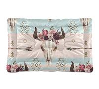 Oyihfvs Boho Bull Skull with Horns Flowers Native American Arrows Dog Cat Bed Mat Soft Crate Pad Mattress Cushion for Small Medium Pets, Anti Slip Sleeping Kennel Mat Washable & Dry 24x18 inch