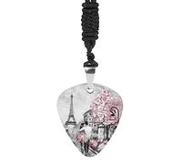 Oyihfvs Couple in Grey Paris Street Pink Cherry Blossom Flowers Eiffel Tower Men Guitar Pick Necklace, Rock Musician Pendant Jewelry Bass Picks Holder Twin-sided Chains Gift for Husband Dad Boyfriend