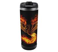 Oyihfvs Fire Burning Phoenix Bird with Wings on Black Stainless Steel Water Bottle, Leak-Proof Hot Cold Insulated Travel Mug, Double Walled with Handle Thermo Cup Bottle 13 Oz