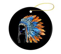 Oyihfvs Hand Painted Watercolor Girl in Indian Hat with Colorful Feather 2 PCs Christmas Round Hanging Ceramic Ornament Keepsake, Sign Plaque Tree Decoration with Thick Gold String for Xmas Holidays