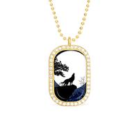 Oyihfvs Howling Wolf at The Full Moon Night with Trees Golden Diamond Pendant Jewelry, Keepsake Memorial Necklace for Men Women Gift, Alloy Dog Necklace Keychain Tag Jewelry