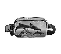 Oyihfvs Jumping Dolphins Sea Sky White Clouds Sun Black White Adjustable Fanny Waist Pack Pouch, Waterproof Runners Sports Waist Pack Wallet for Sports Hiking Fitness Cycling Gym Women Men