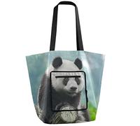Oyihfvs Panda Bear Sitting On Tree Trunk Foldable Large Reusable Grocery Bags with Pocket, Women Washable Tote Waterproof Lightweight for Shopping Travel Outdoors