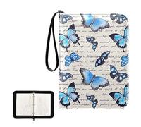 Oyihfvs Seamless Blue Butterflies on Hand Written Text Note Old Newspaper PU Leather Card Storage Bag, With Zipper Waterproof 50 Pages 400 Slots Card Bag for Students Home School 15.74 x 9.64 inch