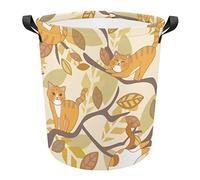 Oyihfvs Seamless Cats on Tree Branch Ginger Red Orange Kittens Collapsible Waterproof Laundry Hamper with Handles, Tall Washing Storage Large Organizer Round Basket Bin for Toys Clothes