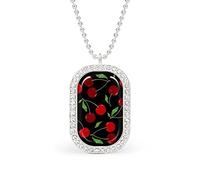 Oyihfvs Seamless Red Cherries Cherry Fruits with Green Leaves on Black Dark Silver Diamond Pendant Jewelry, Keepsake Memorial Necklace for Men Women Gift, Alloy Dog Necklace Keychain Tag Jewelry