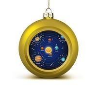 Oyihfvs Solar System Planets on Dark Blue 2 PCs Shatterproof Christmas Ball, Yellow Round Hanging Plastic Ornament Keepsake, Large Bauble with String for Xmas Tree Holidays