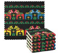 Oyihfvs Swedish Dala Horse Folk Art Seamless on Black 6 Packs Dish Towels, Washcloths Kitchen Cleaning Cloths Dish Cloths Absorbent Towels Lint Free Bar Tea Soft Waffle Towel 11"x11"