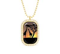 Oyihfvs Tree Two Giraffes Silhouettes in Desert at Sunset Golden Diamond Pendant Jewelry, Keepsake Memorial Necklace for Men Women Gift, Alloy Dog Necklace Keychain Tag Jewelry