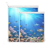 Oyihfvs Underwater Coral Reef Fishes 2 Pack Mesh Laundry Bag for Bra, Socks, Shoes, Polyester Reusable Machine Washable Mesh Bags, Travel Dirty Bag for Home Camp Trip