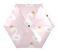 Oyihfvs White Cute Swan Princess with Golden Glitter Crown on Light Pink Parasol Folding Umbrella, Reinforced Windproof Waterproof, Portable Compact Anti-UV Sun Rain Protection for Travel Outdoor