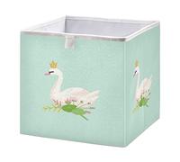 Oyihfvs White Swan with Gold Crown Green Pattern Square Collapsible Open Storage Bins, Foldable Toy Nursery Basket Bin Cloth Cube Organizer with Handles for Shelves Closet