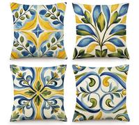 OYIMUA Boho Abstract Floral Cushion Covers 40cm x 40cm Yellow Blue Outdoor Cushions 16x16 Inches Decorative Linen Pillow Covers for Garden Furniture Sofa