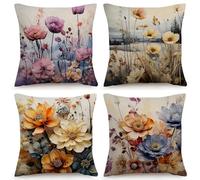 OYIMUA Cushion Covers 40cm x 40cm Linen Set of 4 Cushions Covers Yellow Floral Square Cushion Cover 16 x 16 inches Decorative Pillows Sofa Throw Pillow Cases Outdoor Cushion Cases Home Decor