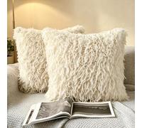 OYIMUA Fluffy Shaggy Cushion Covers 45x45cm Beige Set of 2 Faux Fur | Decorative Throw Pillow Covers 18x18 Inches for Sofa Bed, Ultra-Soft Square Cushions Mongolian Style