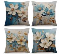 OYIMUA Linen Cushion Covers 40cm x 40cm Blue Floral Cushions Covers Set of 4 Square Cushion Cover 16 x 16 inches Decorative Pillows Sofa Throw Pillow Cases Outdoor Cushion Cases Home Decor