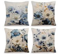 OYIMUA Linen Cushion Covers 50cm x 50cm Blue Floral Cushions Covers Set of 4 Square Cushion Cover 20x20 inches Decorative Pillows Sofa Throw Pillow Cases Outdoor Cushion Cases Home Decor