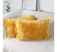 OYIMUA Mustard Yellow 12 x 20 Inches Cushion Covers Pack of 2 Fluffy Soft Faux Fur Square Pillowcases, Luxury Home Decorative Super Soft Plush Pillow Covers Case 30x50cm for Sofa Bed Living Room