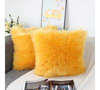 OYIMUA Mustard Yellow 50cm x 50cm Cushion Covers Pack of 2 Fluffy Soft Faux Fur Square Pillowcases, Luxury Home Decorative Super Soft Plush Pillow Covers Case 20x20 Inches for Sofa Bed Living Room