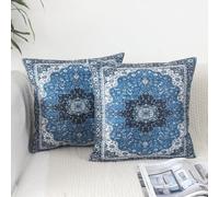 OYIMUA Set of 2 Boho Velvet Cushion Covers 40x40cm (16x16”) - Soft Blue Decorative Pillow Covers, Monaco & Persian Design Cushion Cover